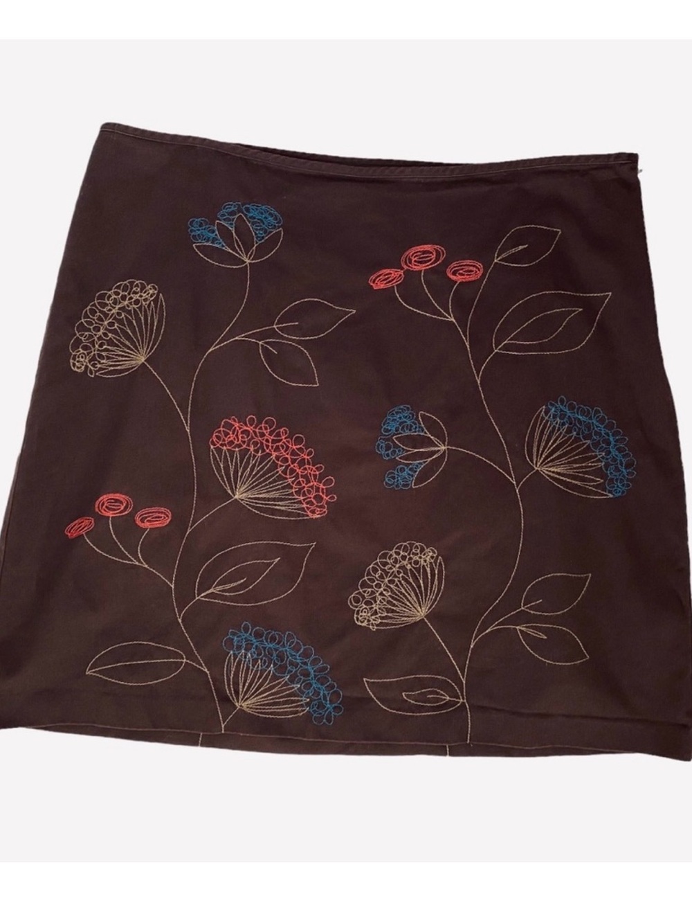 Boden Dark Brown Mini Skirt with Blue and Red Floral Stitching